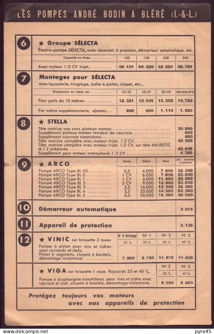 Publicitaire Avec Tarifs 1950, Les Pompes Andre Bodin à Blere - Advertising
