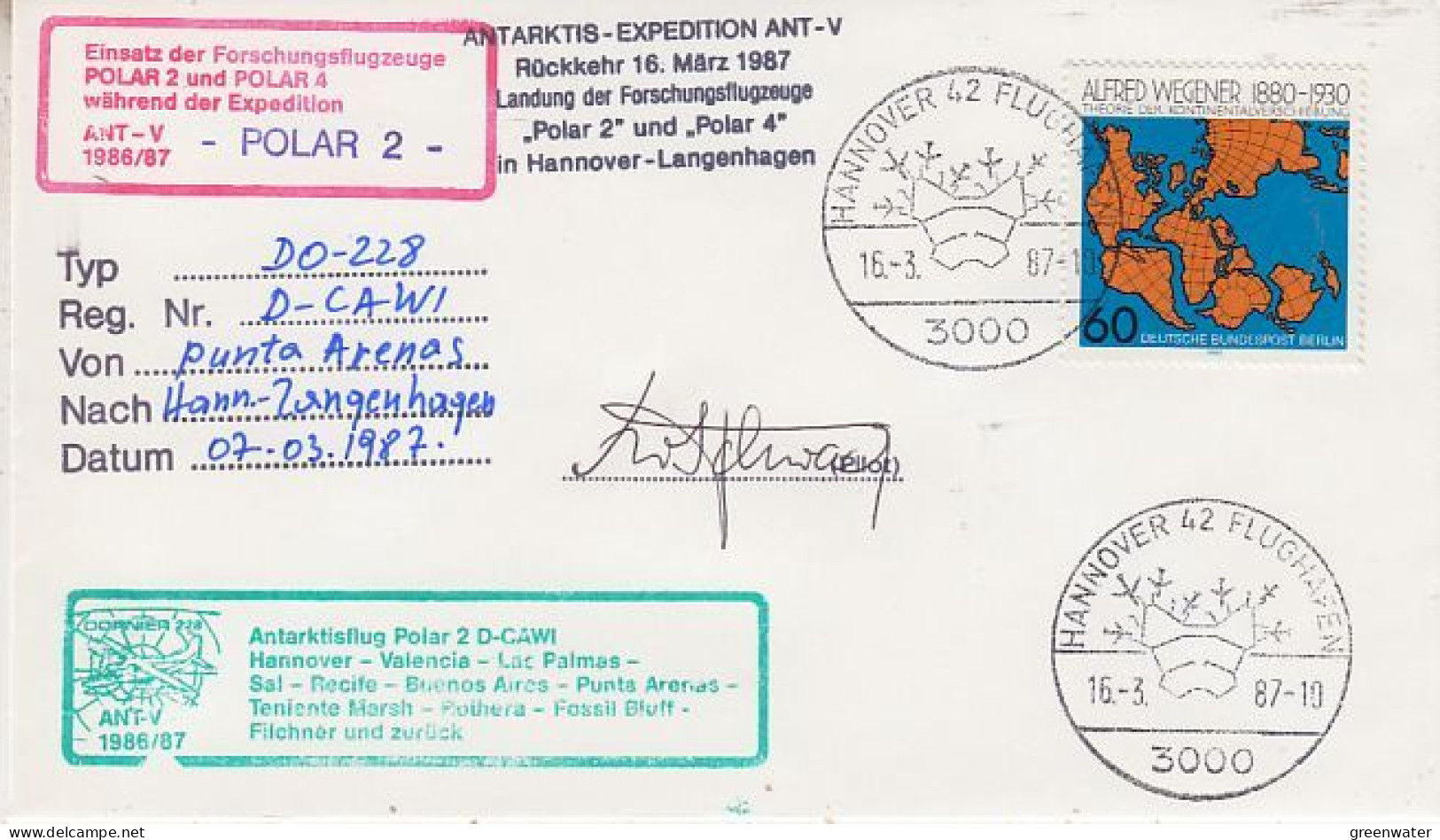 Germany 1987 Deutsche Antarktisexp Ant V 1987 Polar 2 (Flight Punta Arenas-Hannover)  Si Cover (GS152) - Voli Polari