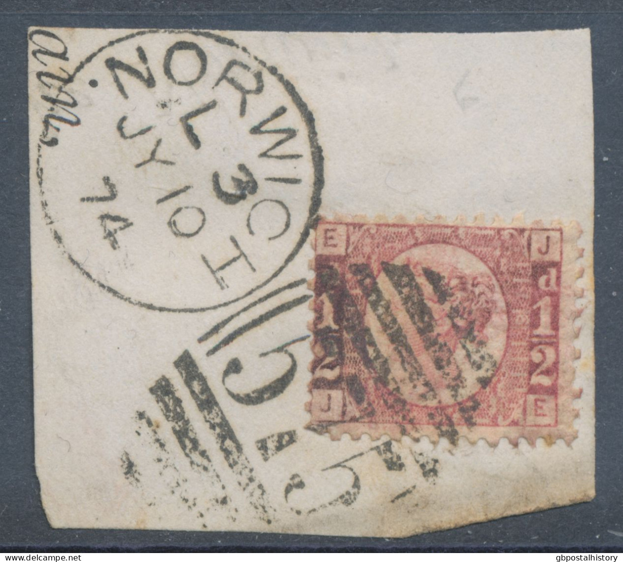 GB QV ½d Plate 6 (JE) Superb Used On Piece With Duplex „NORWICH / 575“, Norfolk (4VODB, Time Code L 3), 10.7.1874 - Gebruikt