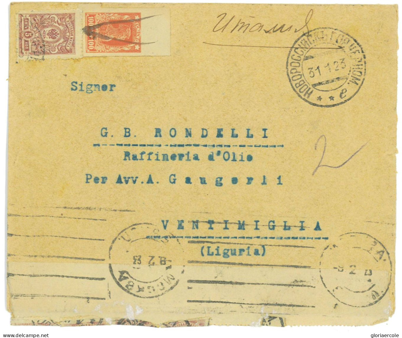 P2915 - RUSSIA RUSSIA NOVOROSSIJSK 1923, AFTER INFLATION PERIOD 2,35 RUBEL FRANKING TO ITALY, TRANSIT TROUGH MOSCOW - Storia Postale