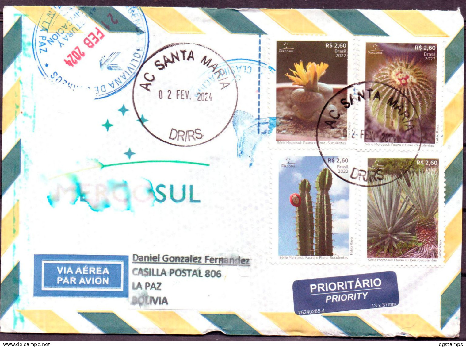 Brasil - Brazil 2024 MERCOSUR 2022 Cactus, Circulated From Santa María To La Paz. - Covers & Documents