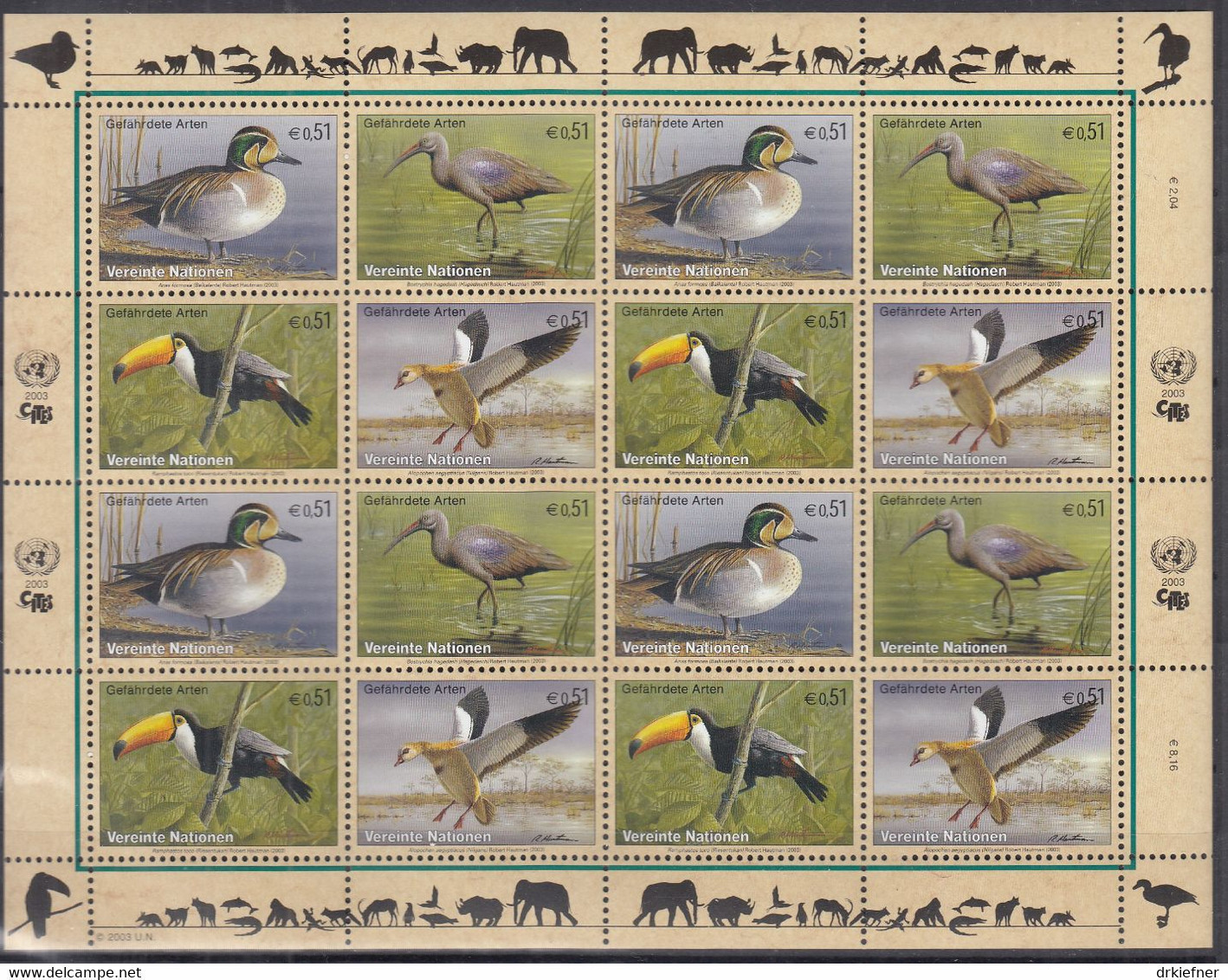 UNO WIEN 389-392, Kleinbogen, Postfrisch **, Gefährdete Arten: Vögel, 2003 - Blocs-feuillets