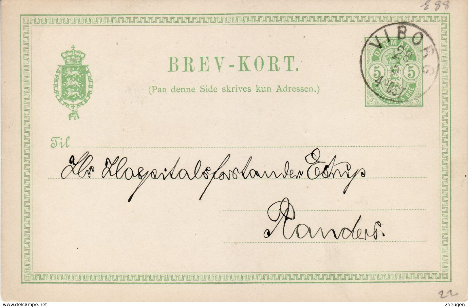 DENMARK 1889 POSTCARD MiNr P 28 I SENT FROM VIBORG TO RANDERS - Entiers Postaux