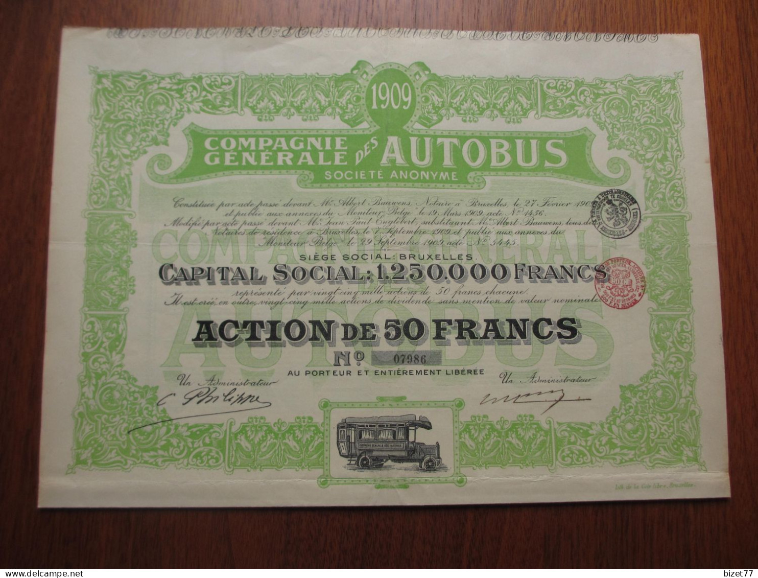 BELGIQUE - BRUXELLES 1909 - Cie GENERALE DES AUTOBUS è ACTION DE 50 FRS - BELLE VIGNETTE - Altri & Non Classificati