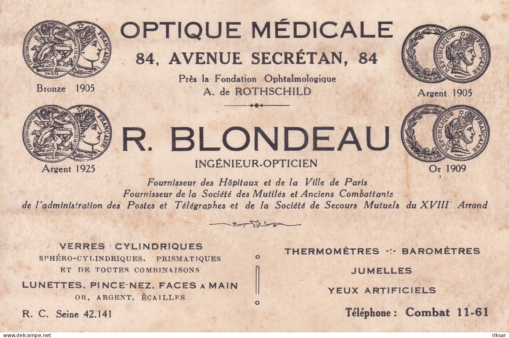 PARIS(19 Em ARRONDISSEMENT) OPTIQUE MEDICALE BLONDEAU(CARTE DE VISITE) - Arrondissement: 19