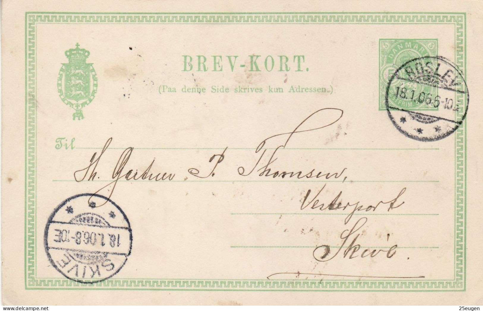 DENMARK 1906 POSTCARD MiNr P 28 I SENT FROM ROSLEV TO SKIVE - Interi Postali