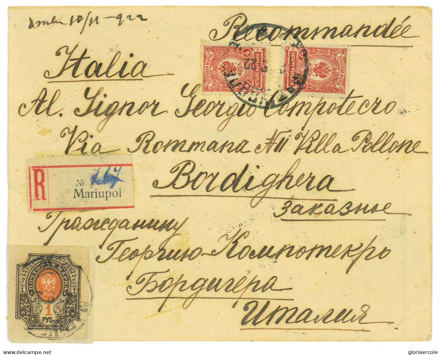 P2919 - RUSSIA , FROM MARIUPOL, REGISTRED 1922 TO ITALY 2,88 RUBEL FRANKING, VERY DECORATIVE - Covers & Documents