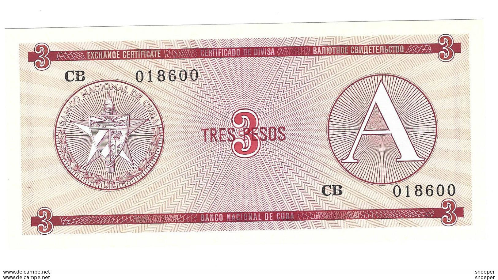 *cuba 3 Pesos     1985    Serie A    Fx2   Unc - Cuba