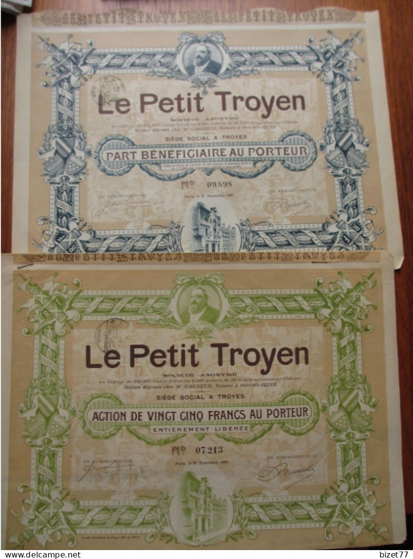 FRANCE - 11 - TROYES 1907 - 2 TITRES DIFFERENTS - JOURNAL LE PETIT TROYEN - PART BENEFICIAIRE & ACTION DE 25 FRS - DECO - Andere & Zonder Classificatie