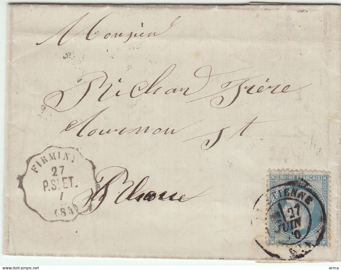 Convoyeur Stations FIRMINY (Loire)  Lettre Avec Correspondance 27 Juin 1870 - 1863-1870 Napoléon III. Laure