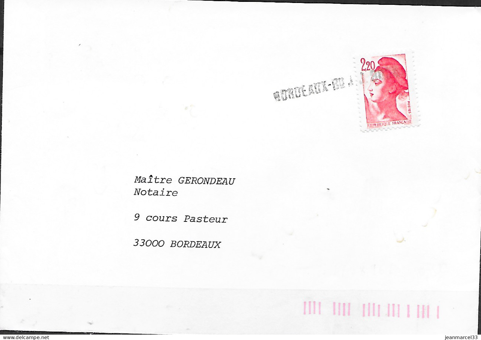 Lettre Griffée Sur Timbre 2,20 Liberté "BORDEAUX-Bd J.J.BOSKC" - Covers & Documents