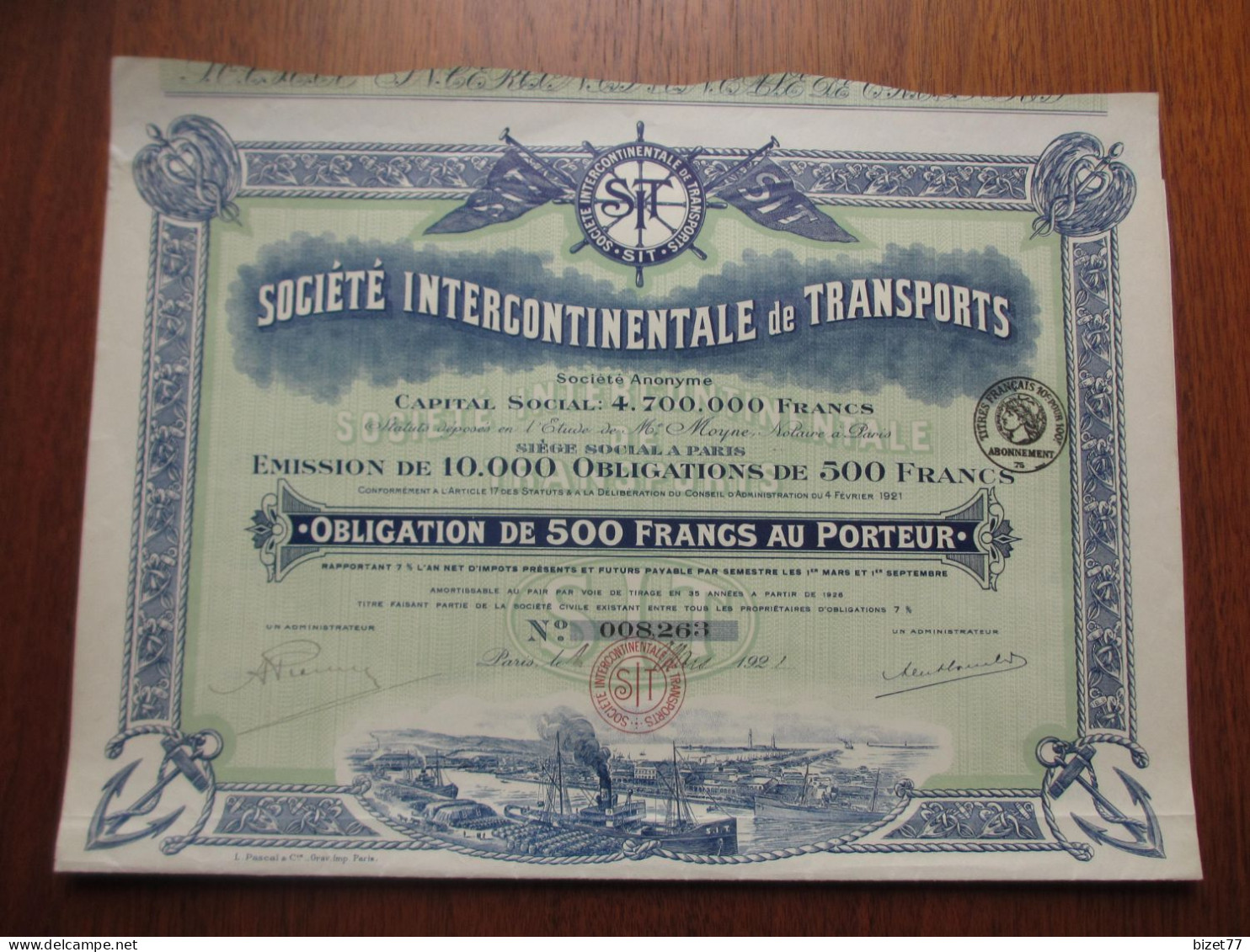 FRANCE - PARIS 1921 - ST INTERCONTINENTALE DE TRANSPORTS - OBLIGATION DE 500 FRS - BELLE ILLUSTRATION - Sonstige & Ohne Zuordnung