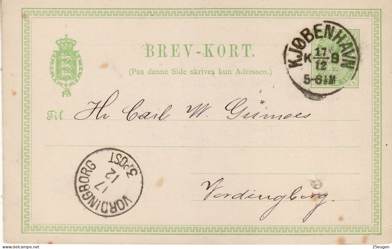 DENMARK 1889 POSTCARD MiNr P 28 II B SENT FROM KOBENHAVN TO VORDINGBORG - Interi Postali