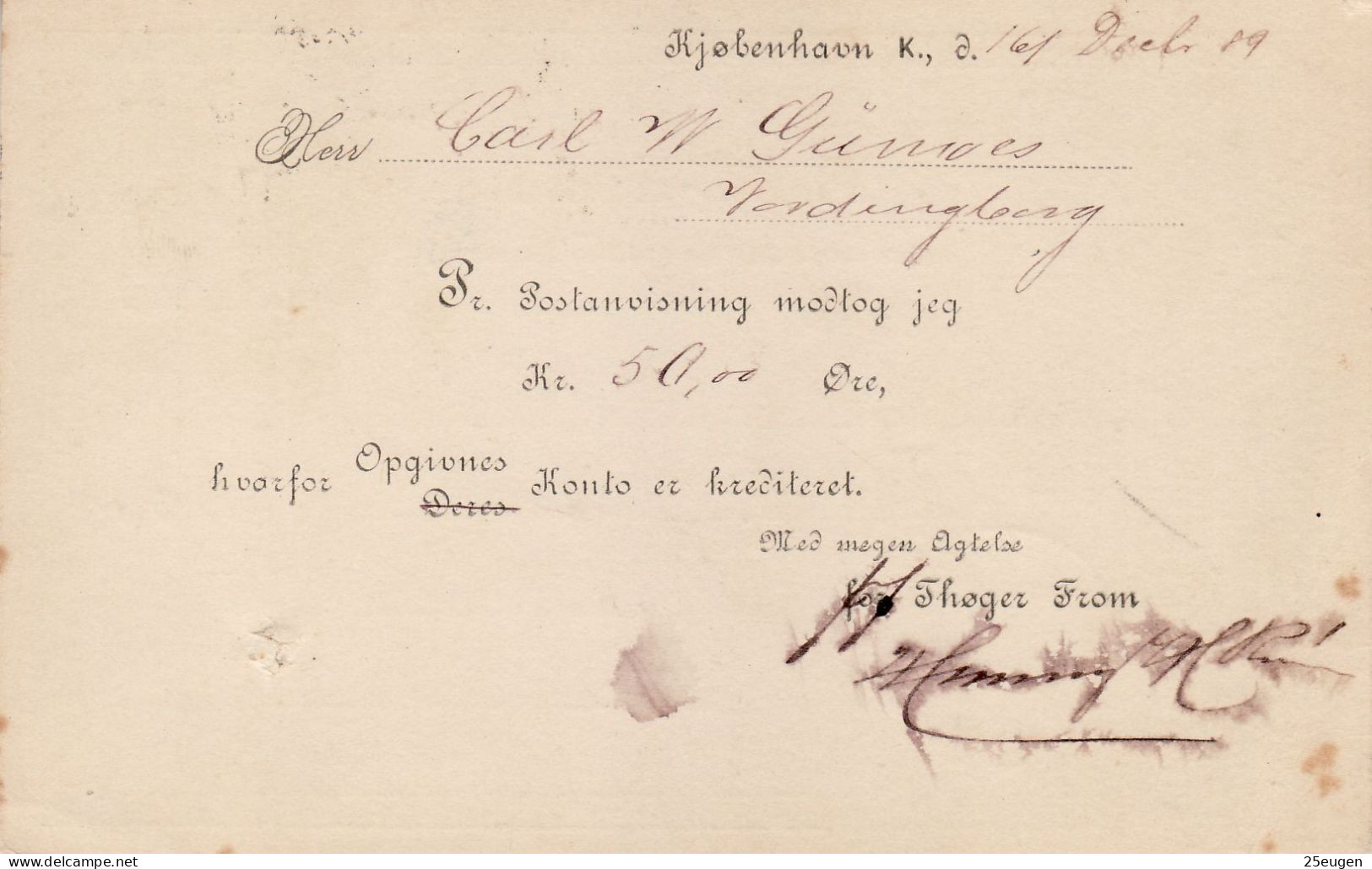 DENMARK 1889 POSTCARD MiNr P 28 II B SENT FROM KOBENHAVN TO VORDINGBORG - Postal Stationery