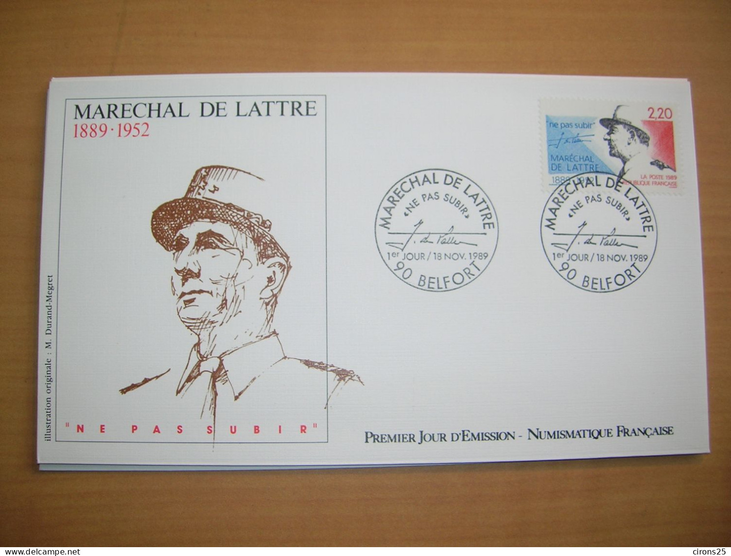 1989 FDC DE LATTRE BELFORT LA NUMISMATIQUE FRANCAISE - 1980-1989
