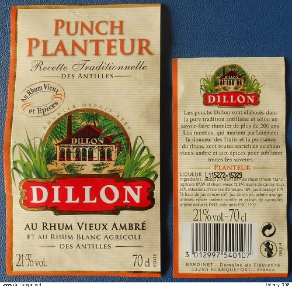 Etiquette  Punch Planteur DILLON Au Rhum Vieux Ambré Et Au Rhum Blanc Agricole Des Antilles - Rhum