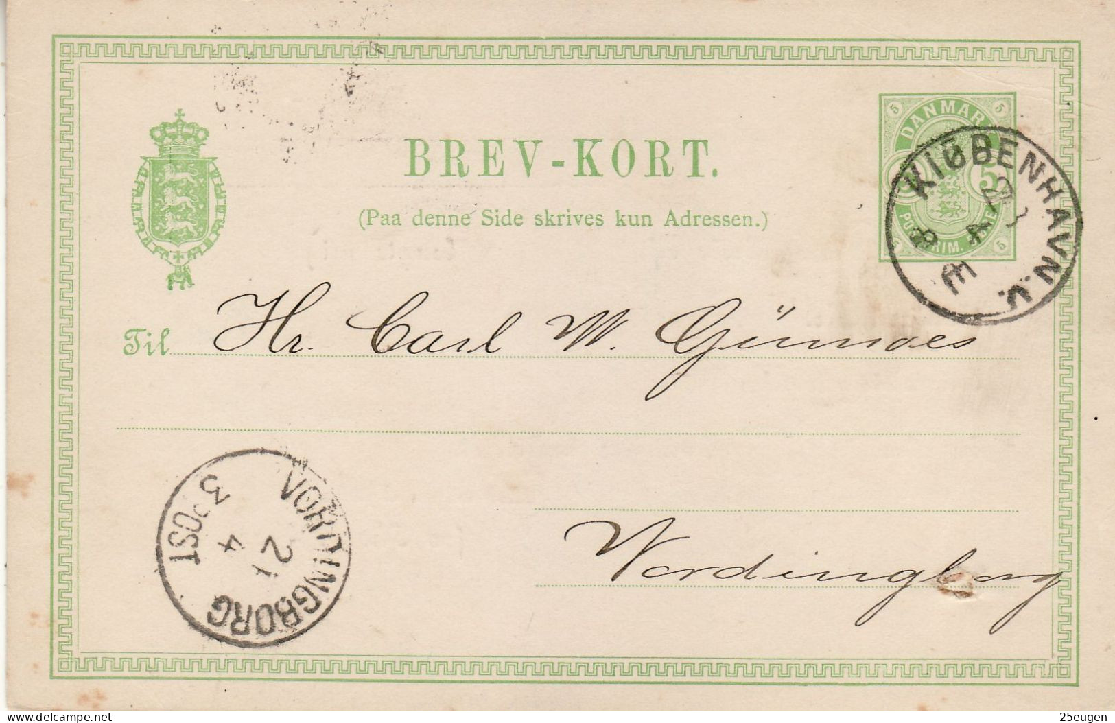 DENMARK 1889 POSTCARD MiNr P 28 II B SENT FROM KOBENHAVN TO VORDINGBORG - Entiers Postaux