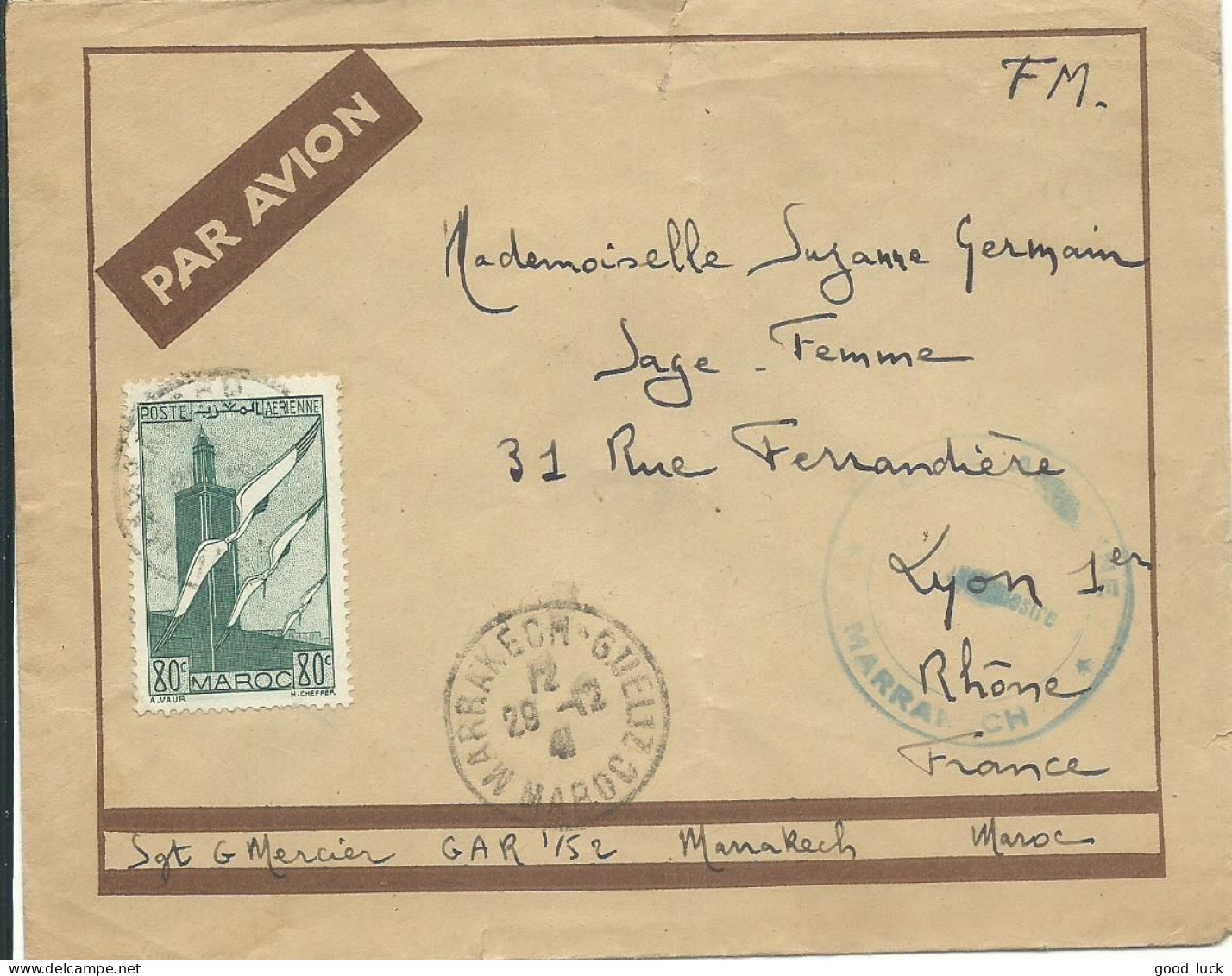 MAROC LETTRE PAR AVION 80c MARRAKECH-GUEUZ POUR LYON ( RHONE ) DE 1941  LETTRE COVER - Covers & Documents