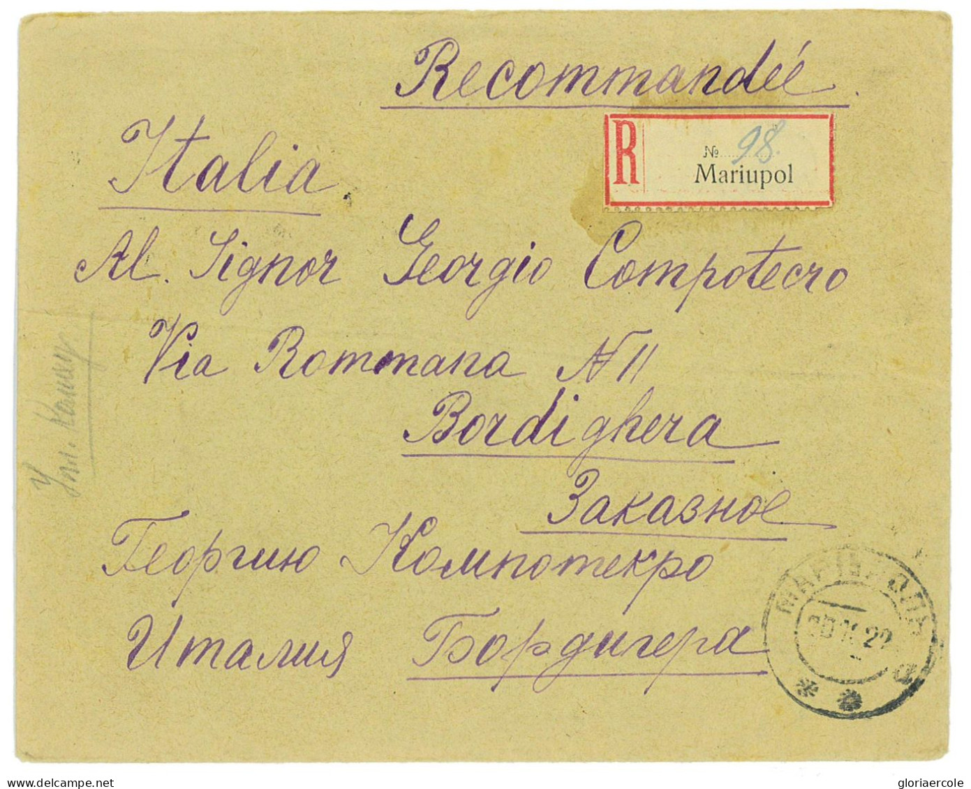 P2923 - RUSSIA, LETTER TO ITALY, FRANKED WITH 18 STAMP BLOCK OF 5 KOPED 20.10.1922 FROM MARIUPOL REGISTRED - Covers & Documents