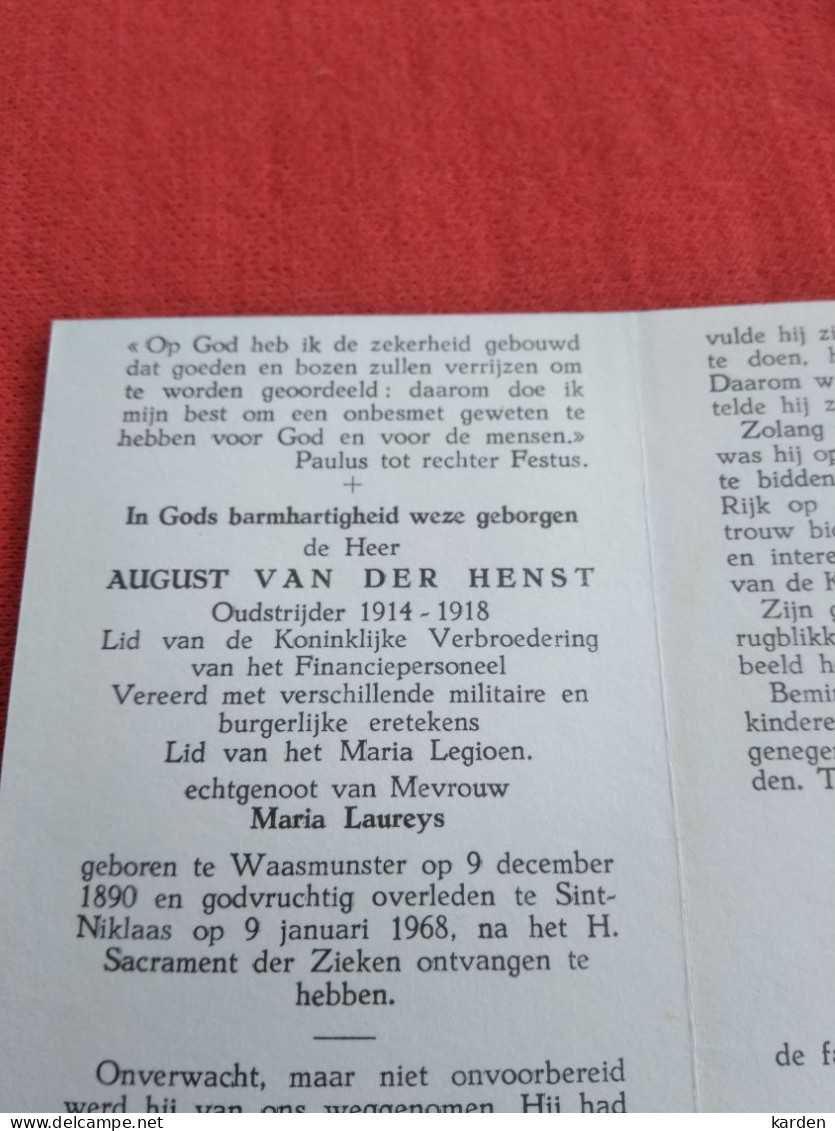 Doodsprentje August Van Der Henst / Waasmunster 9/12/1890 Sint Niklaas 9/1/1968 ( Maria Laureys ) - Religión & Esoterismo