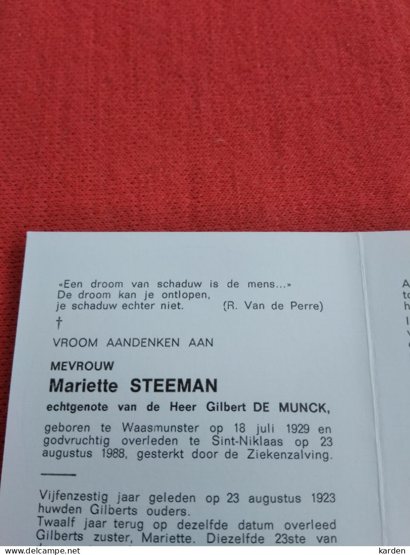 Doodsprentje Mariette Steeman / Waasmunster 18/7/1929 Sint Niklaas 23/8/1988 ( Gilbert De Munck ) - Religion & Esotérisme