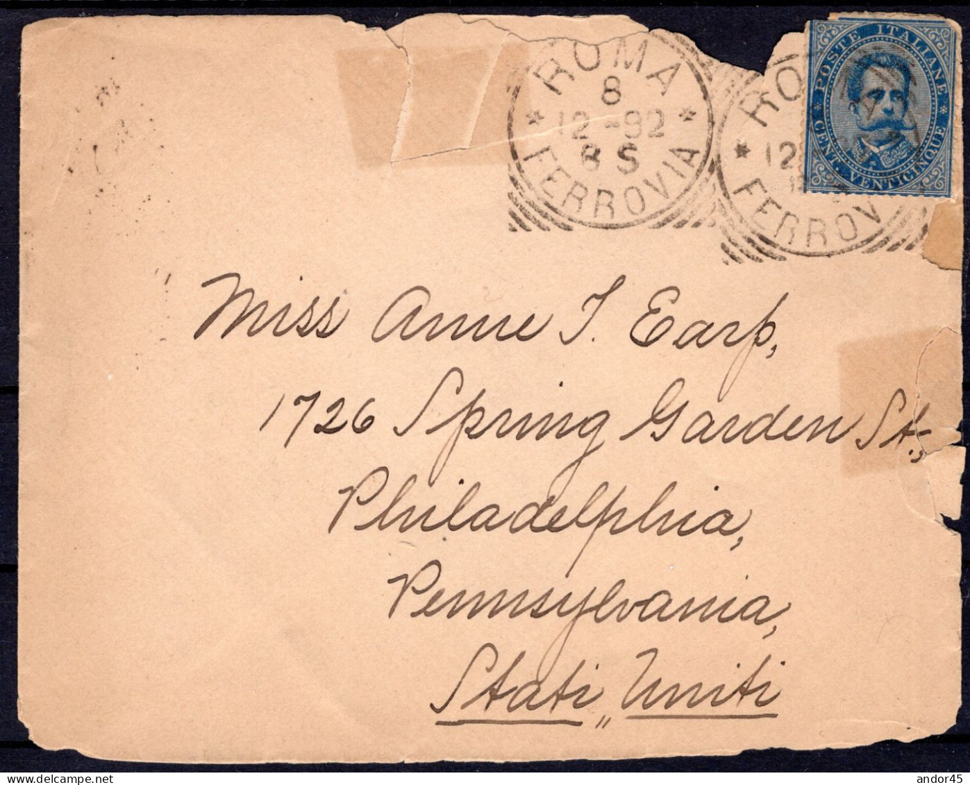 1892 8 DIC  C.25 SASS.40 "EFFIGIE DI UMBERTO I"USATO SU BUSTA  DA  ROMA X PHILADELPHIA  MOLTO BELLA CV 40+++ - Poststempel