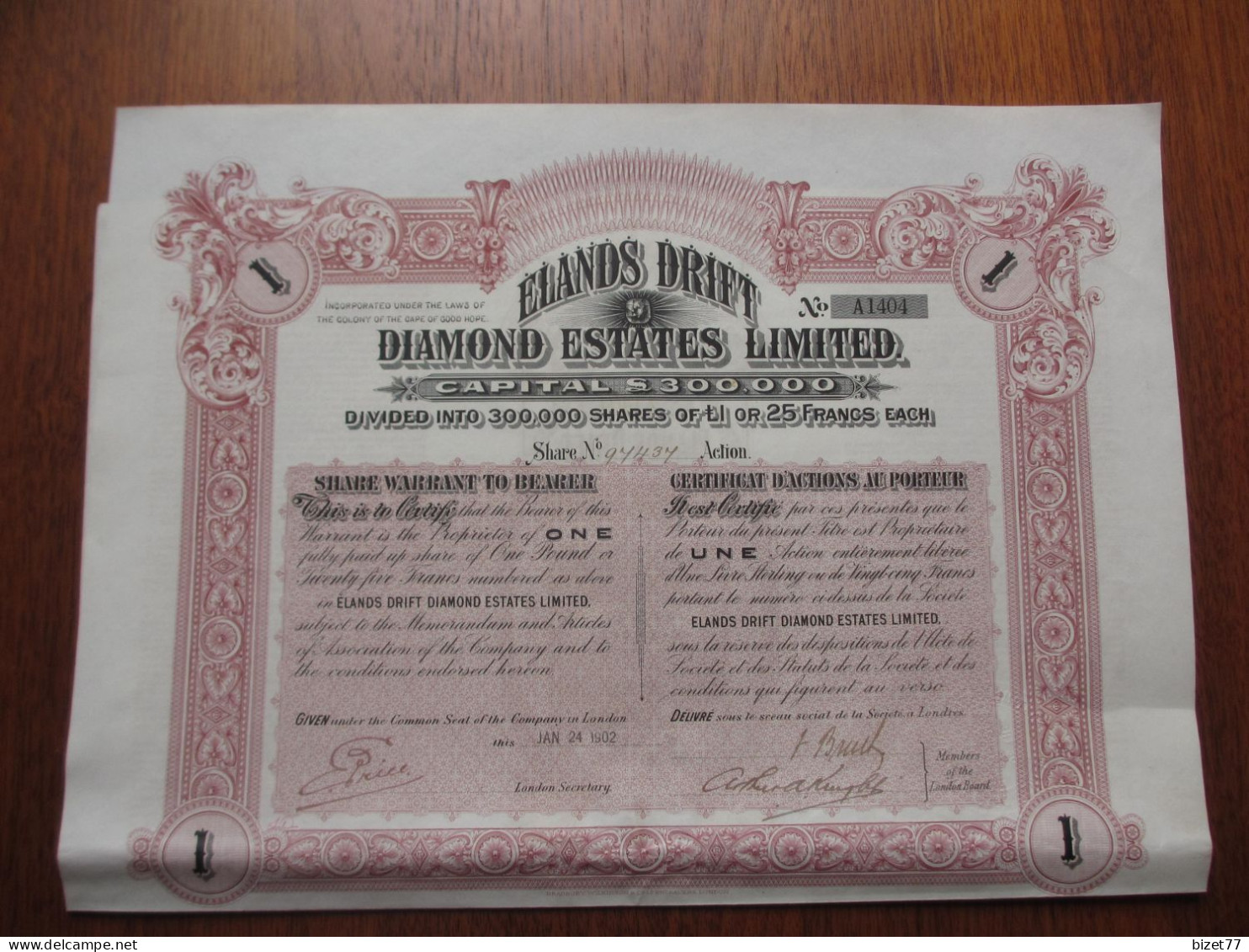 AFRIQUE DU SUD - LONDRES 1902 - 2 TITRES DIFFERENTS - ELANDS DRIFT DIAMOND ESTATES - TITRE DE 1 & 5 ACTIONS DE 1 £ - Other & Unclassified