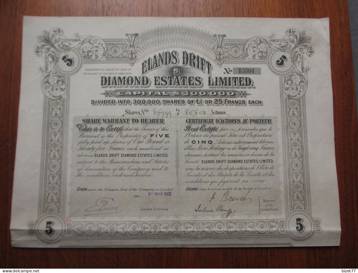 AFRIQUE DU SUD - LONDRES 1902 - 2 TITRES DIFFERENTS - ELANDS DRIFT DIAMOND ESTATES - TITRE DE 1 & 5 ACTIONS DE 1 £ - Autres & Non Classés