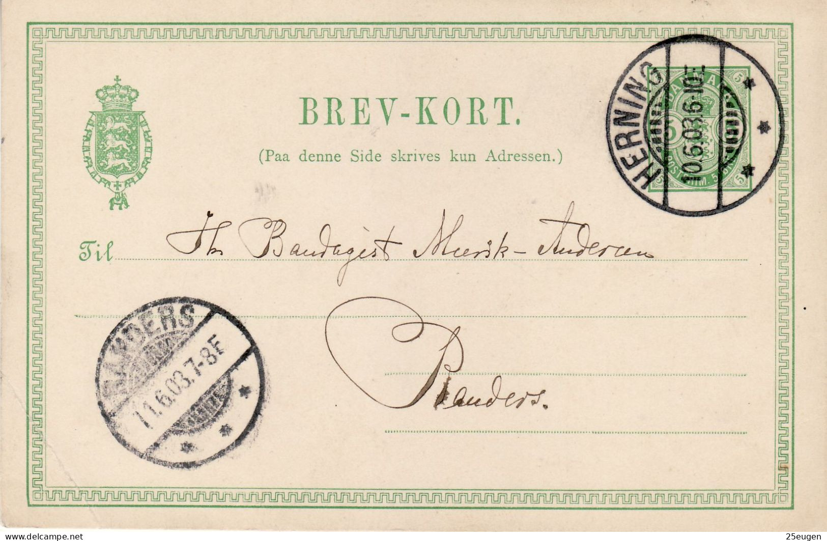 DENMARK 1903 POSTCARD MiNr P 28 I SENT FROM HERNING TO RANDERS - Entiers Postaux