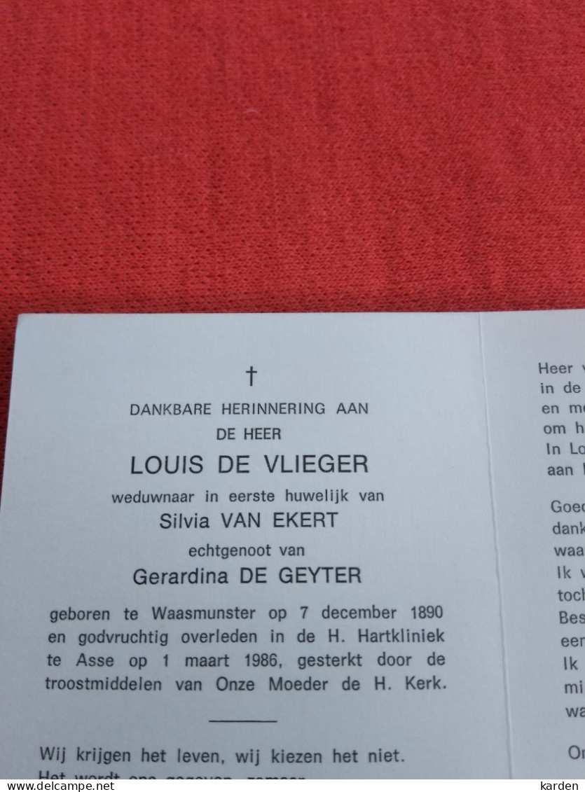 Doodsprentje Louis De Vlieger / Waasmunster 7/12/1890 Asse 1/3/1986 ( Gerardina De Geyter ) - Religión & Esoterismo