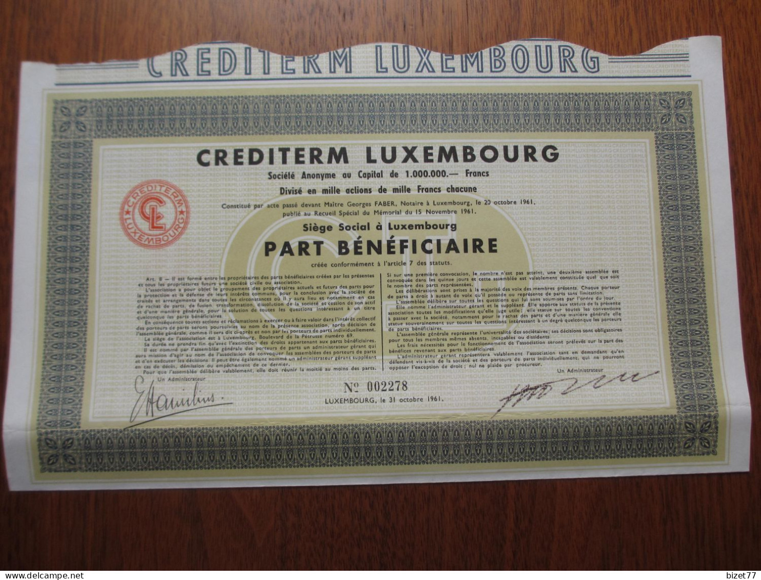 LUXEMBOURG - 1961 - CREDITERM LUXEMBOURG - PART BENEFICIARE - Autres & Non Classés