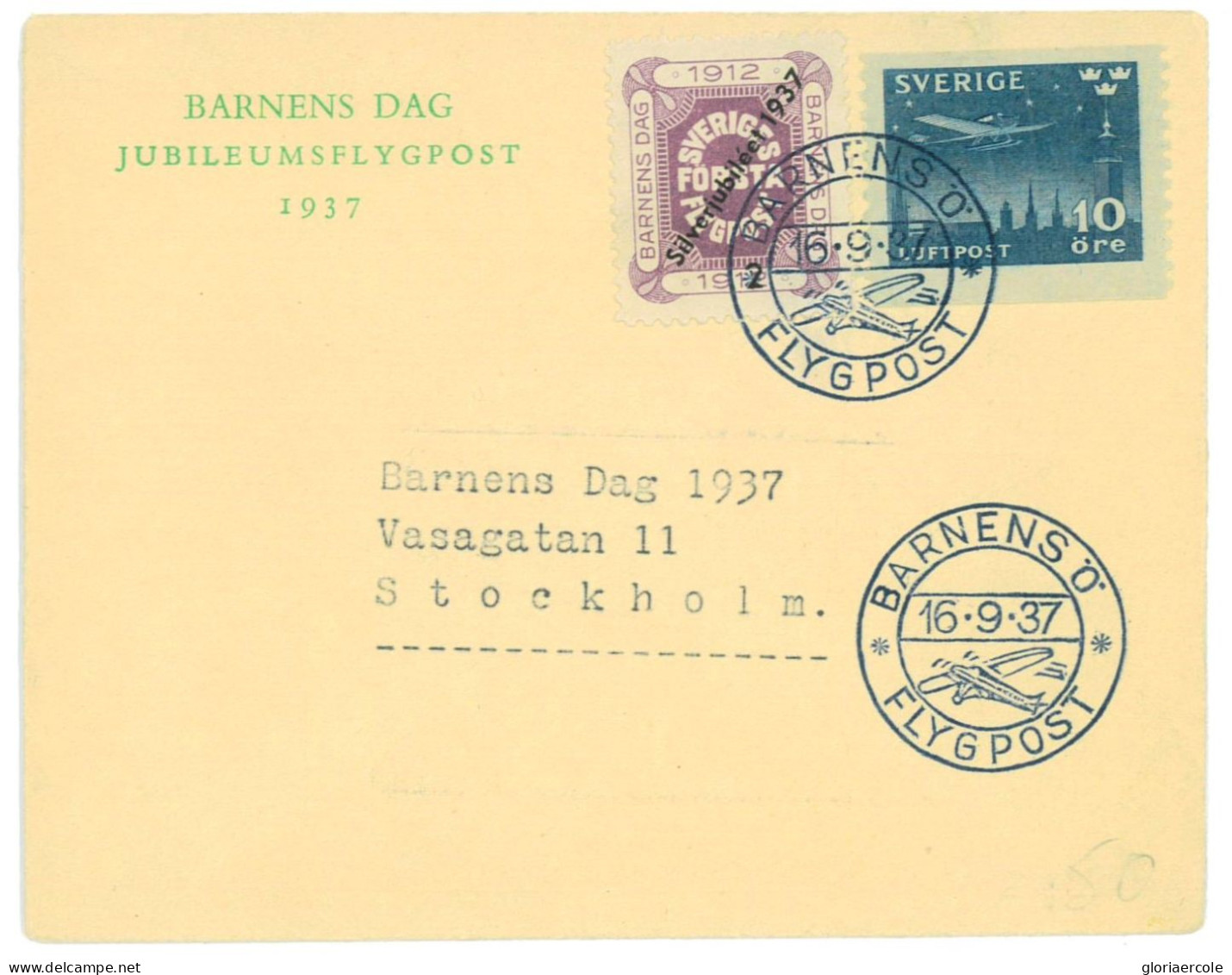 P2927 - SWEDEN, SPECIAL FLIGHT 1937 MÜLLER 152 WITH SPECIAL LEFLET INSIDE AND BARNENS DAG LABEL ON THE FRONT. - Avions