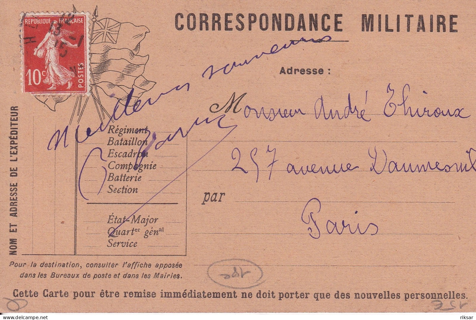 PARIS(18 Em ARRONDISSEMENT) CARTE PEINTE A LA MAIN(CORRESPONDANCE MILITAIRE) - Arrondissement: 18