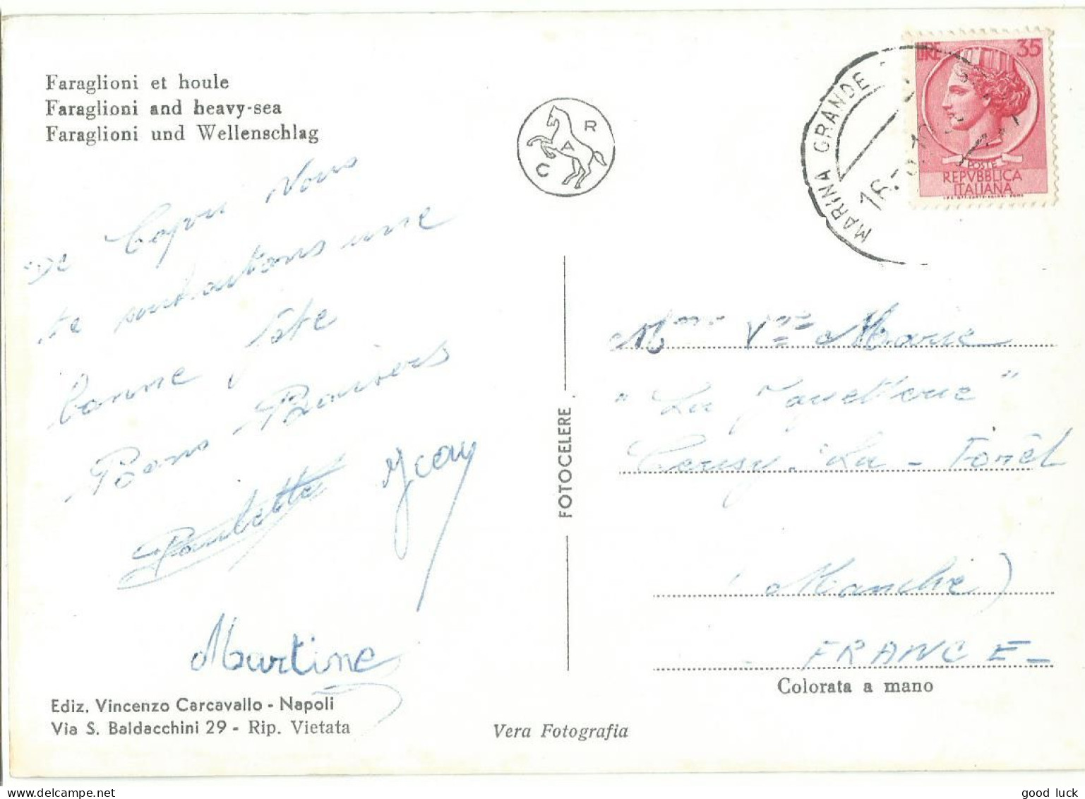 ITALIE CARTE 35c MARINA GRANDE  POUR CERNY LA FORET ( MANCHE ) DE 1960  LETTRE COVER - 1946-60: Marcophilia