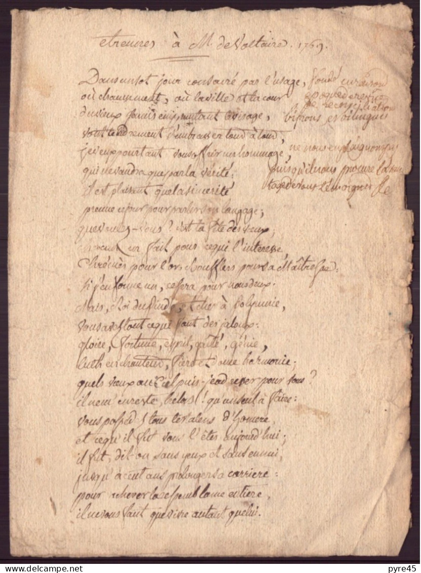Poeme Manuscrit Envoye Par Lemiere, Membre De L'academie Française à Voltaire 1769, - Manuscrits