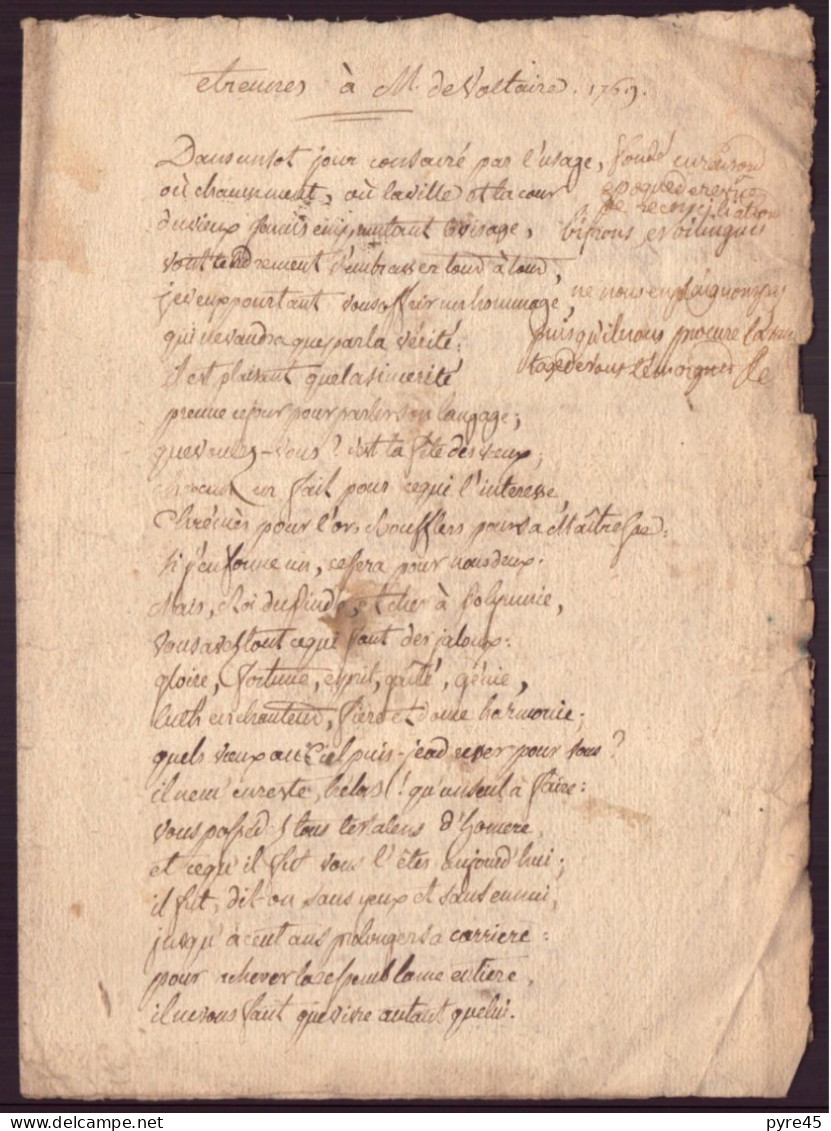 Poeme Manuscrit Envoye Par Lemiere, Membre De L'academie Française à Voltaire 1769, - Manuskripte