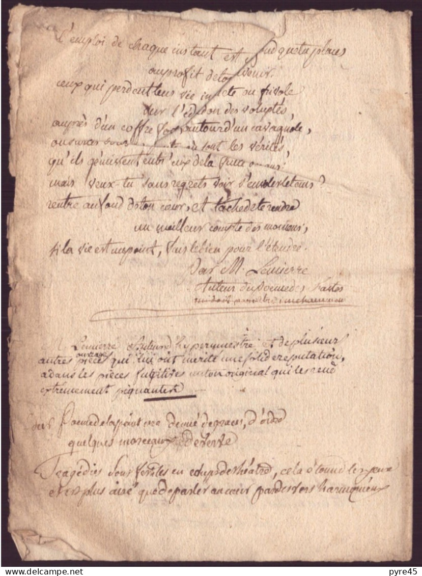 Poeme Manuscrit Envoye Par Lemiere, Membre De L'academie Française à Voltaire 1769, - Manuscripts