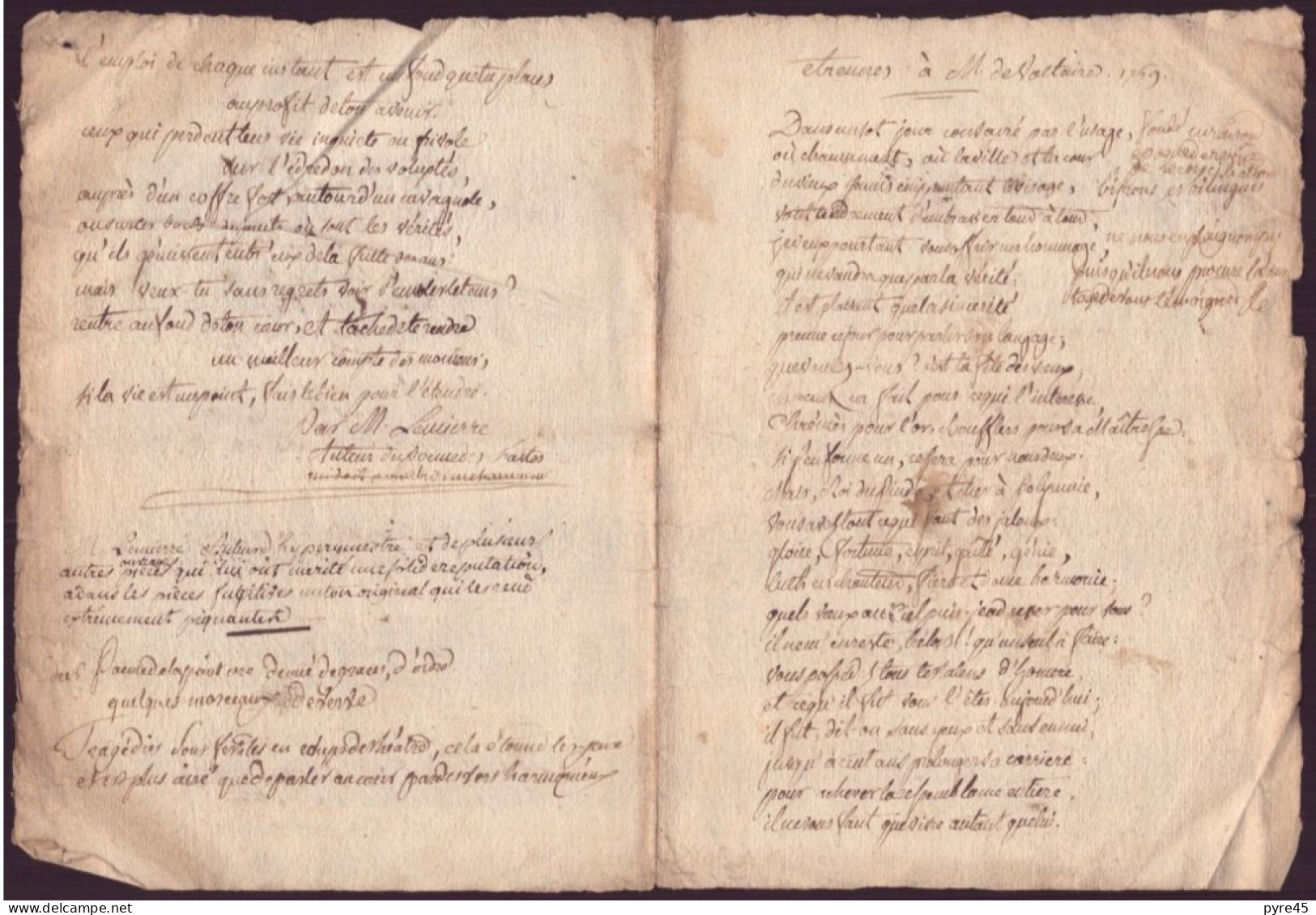 Poeme Manuscrit Envoye Par Lemiere, Membre De L'academie Française à Voltaire 1769, - Manuscrits