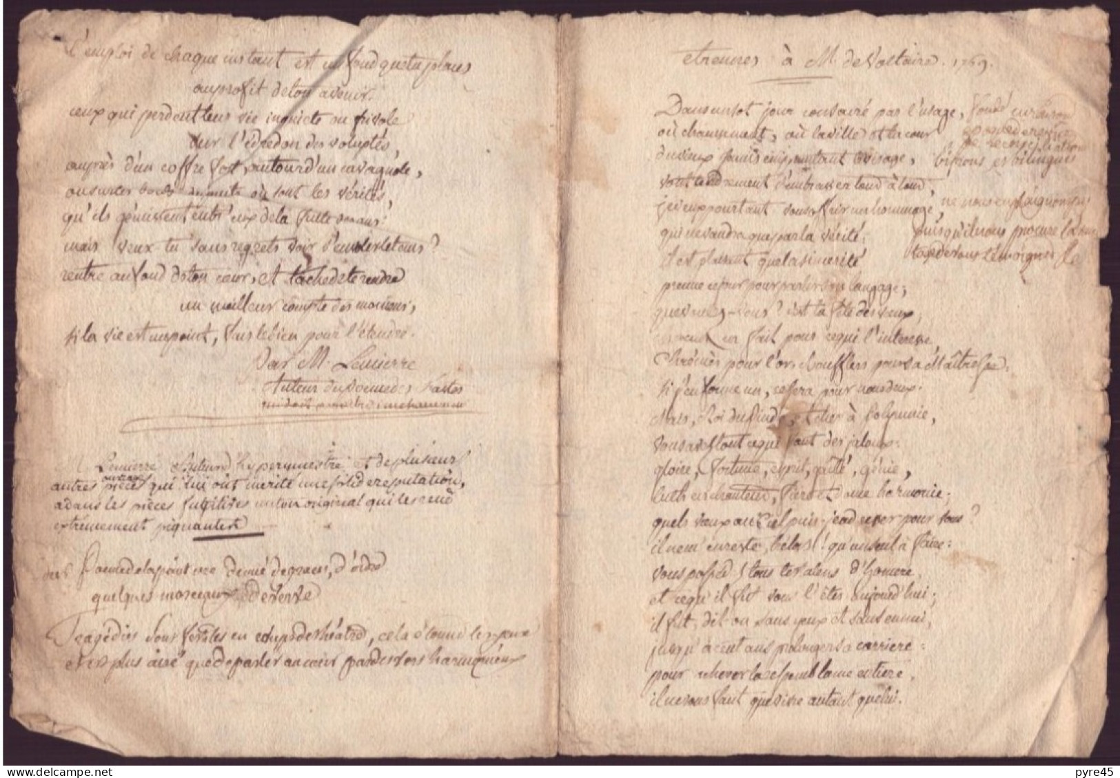 Poeme Manuscrit Envoye Par Lemiere, Membre De L'academie Française à Voltaire 1769, - Manuscripts