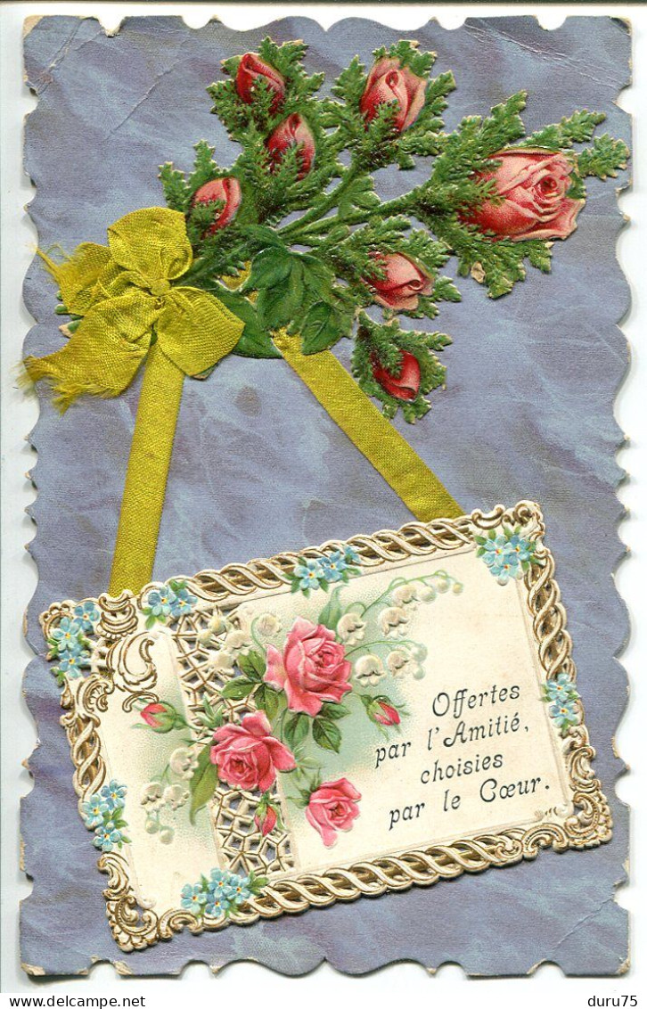 CPA Fantaisie Ecrite * Fond Satiné Bleuté Ajoutis Chromos Bouquet Roses Offertes Par L'Amitié Choisies Par Le Cœur Ruban - Autres & Non Classés