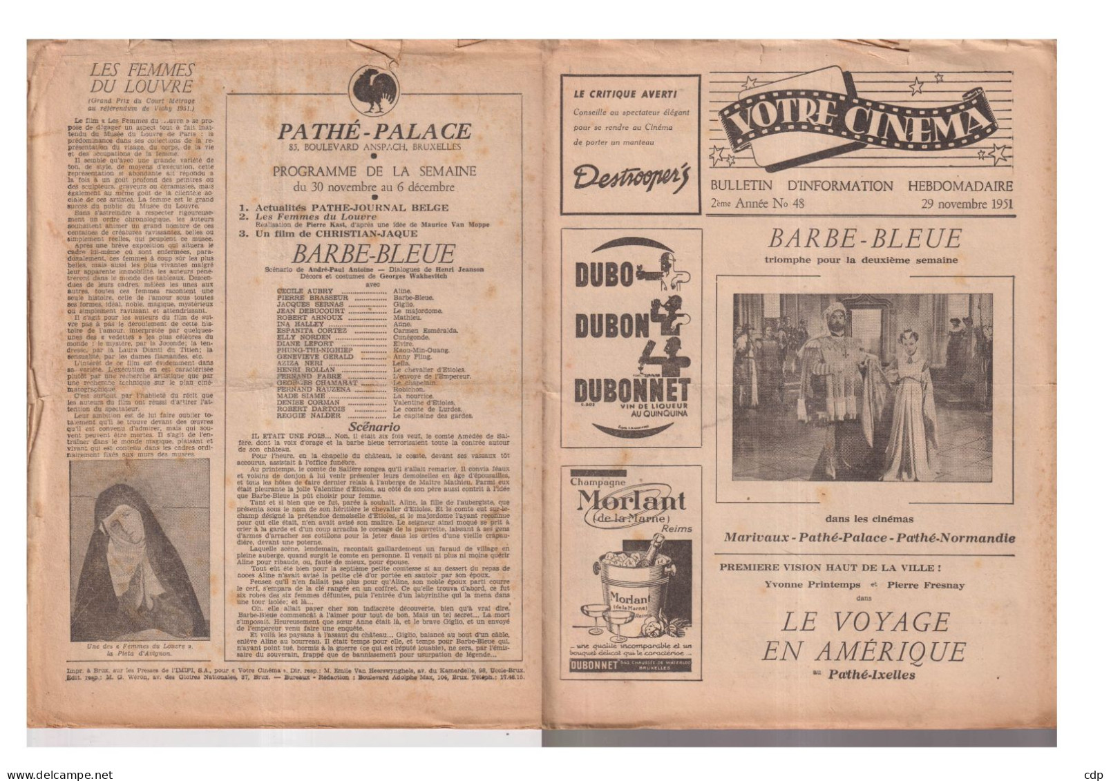 BRUXELLES Programme Cinémas 1951 - Programmes