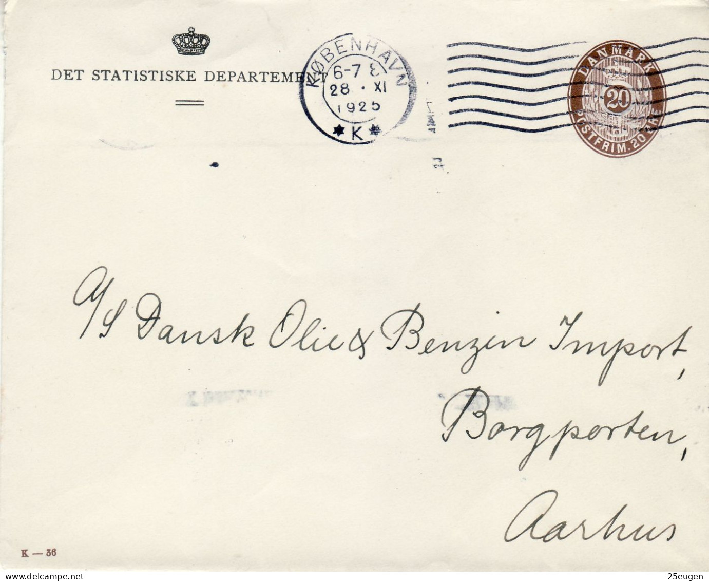 DENMARK 1925 COVER MiNr U 33 SENT FROM KOBENHAVN TO AARHUS - Interi Postali