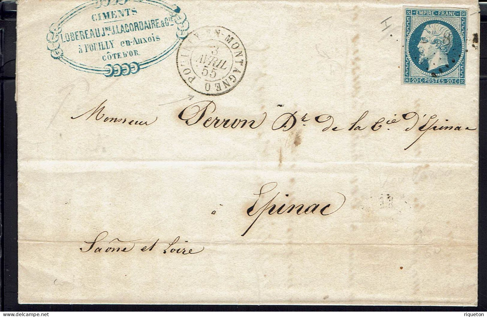 FR. Ciments Lobereau Et Lacordaire & Cie à Pouilly En Auxois. 20 C Napoléon PC 2558 Sur Lettre Du 3 Avril 1855. B/TB. - 1849-1876: Klassieke Periode