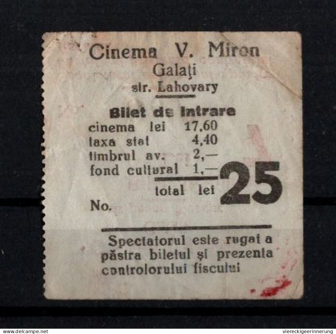 ! 1 Old Cinema Ticket From Galati, Kinoticket, Rumänien - Kino