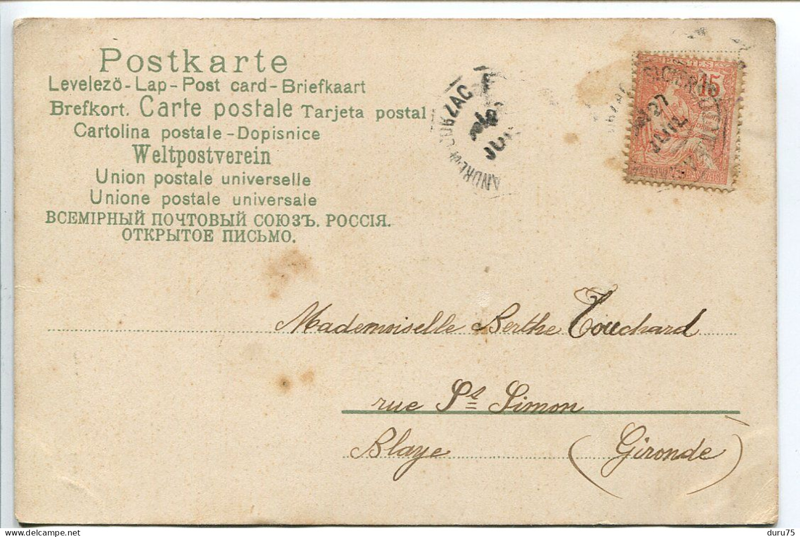 Pionnière Style Viennoise Noir Et Blanc Ecrite à Eyrans (Gironde) En 1903 * Couple Enfants Goût Du 18e Siècle Eventail - 1900-1949