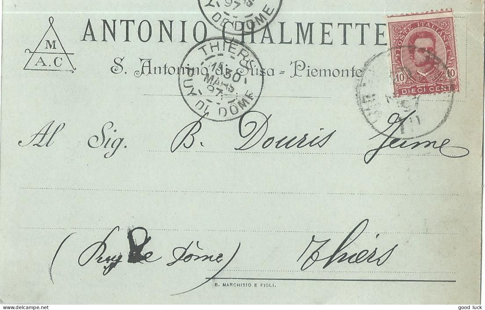 ITALIE CARTE PRIVEE 10c PIEMONT POUR THIERS ( PUY DE DOME ) DE 1897  LETTRE COVER - Poststempel