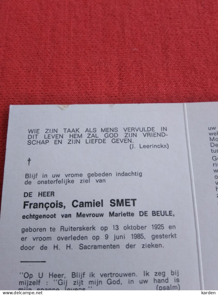 Doodsprentje François Camiel Smet / Ruiterskerk 13/10/1925 - 9/6/1985 ( Mariette De Beule ) - Godsdienst & Esoterisme
