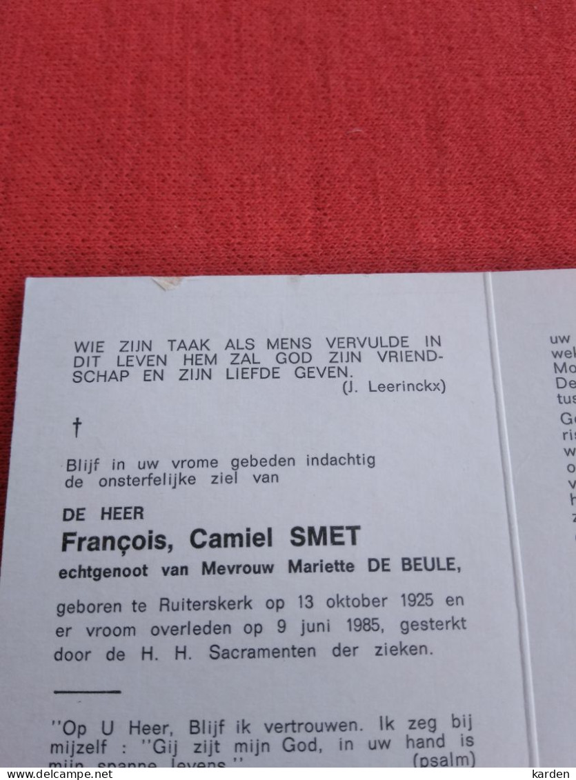 Doodsprentje François Camiel Smet / Ruiterskerk 13/10/1925 - 9/6/1985 ( Mariette De Beule ) - Religione & Esoterismo