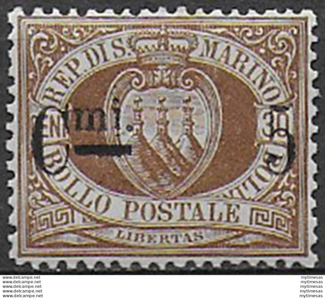 1892 San Marino Stemma 5c. Su 30c. Bc MNH Sassone N. 9 - Autres & Non Classés