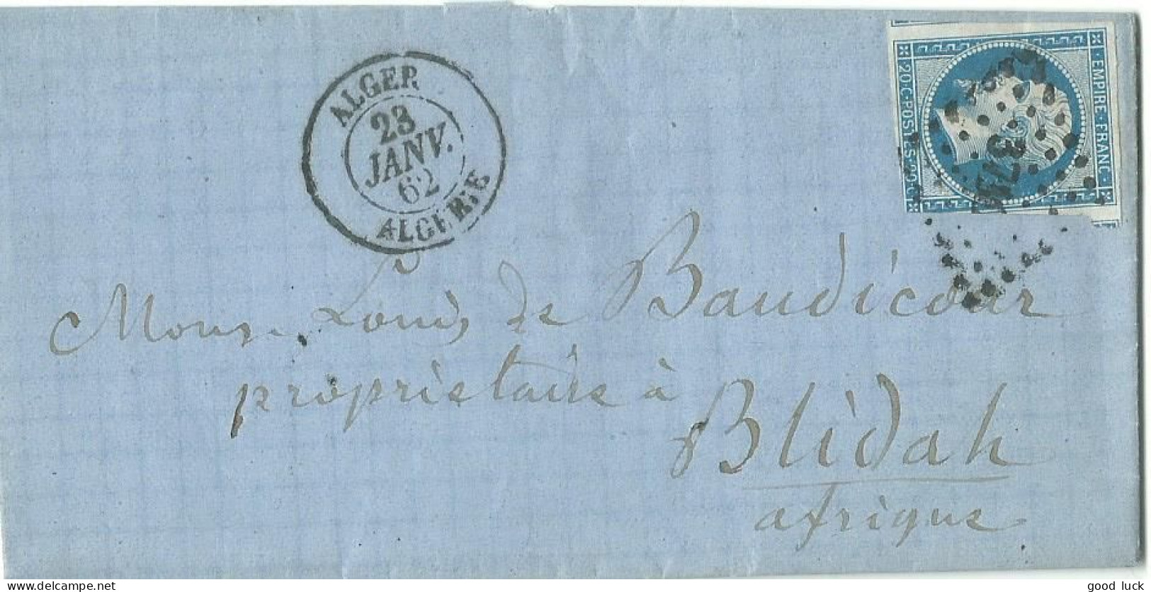 FRANCE LETTRE 20c PC 3710 ALGER / ALGERIE POUR BLIDAH DE 1862  LETTRE COVER - 1849-1876: Periodo Clásico